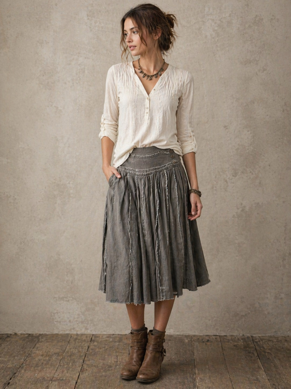 Lagenlook Khaki Flowing Midi Skirt Cottagecore Frayed Hem Peasant Festival SP